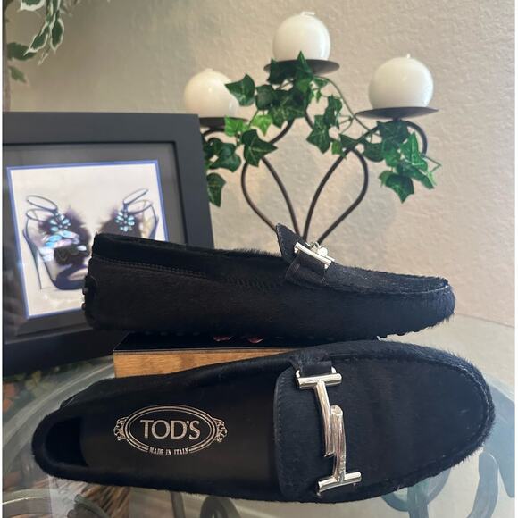 NEW TOD's Silver Double T BLACK PONY HAIR Leather Gommino Driving Shoes 38  US 8 - Picture 12 of 15